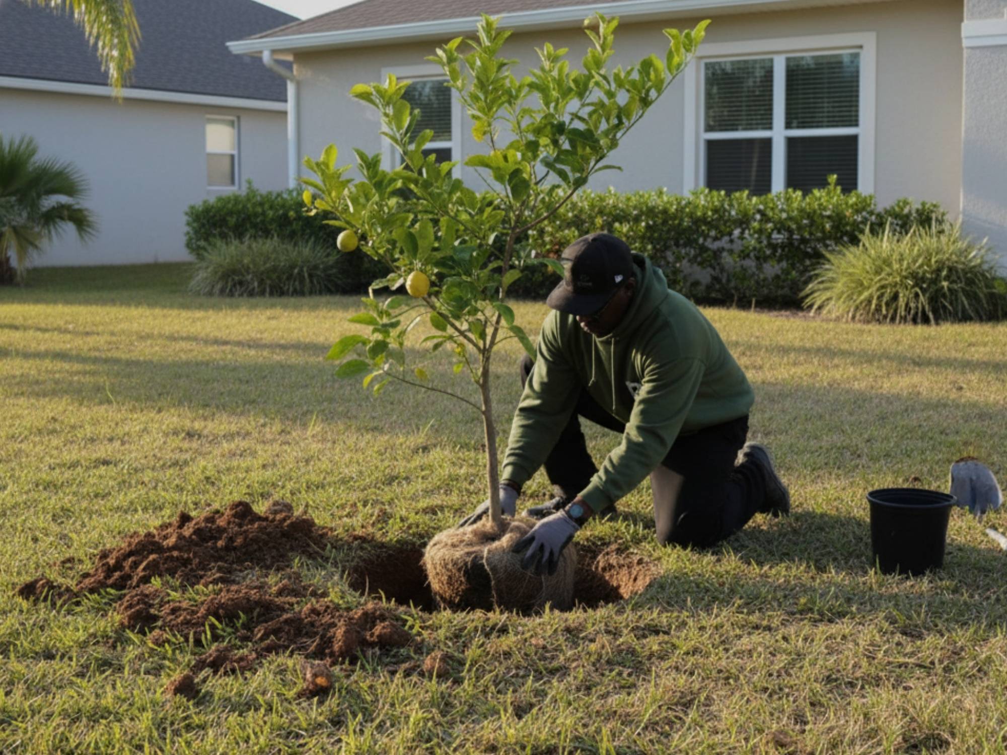 Professional planting of new tree in residential lawn